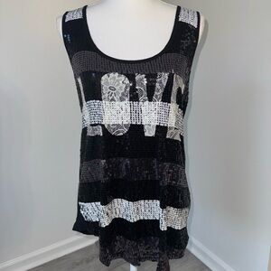 Wishful Park XL Black Sequin LOVE Tank Top Lace‎ Detail Rayon Party Y2K Mcbling